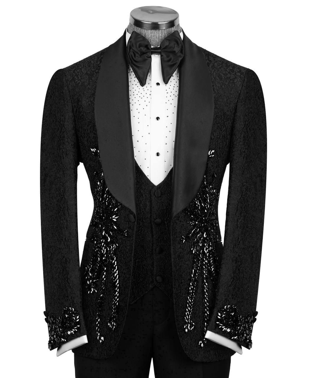 Black sequined tuxedo on a mannequin against a white background