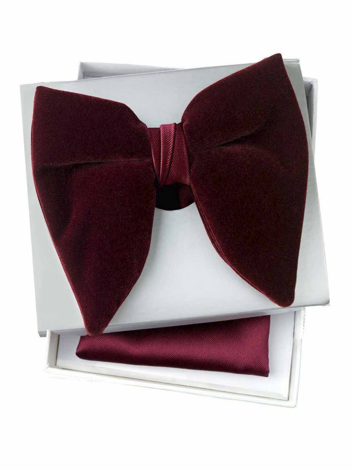 A burgundy velvet bow tie presented with a matching folded pocket square inside an open white gift box on a white background.
