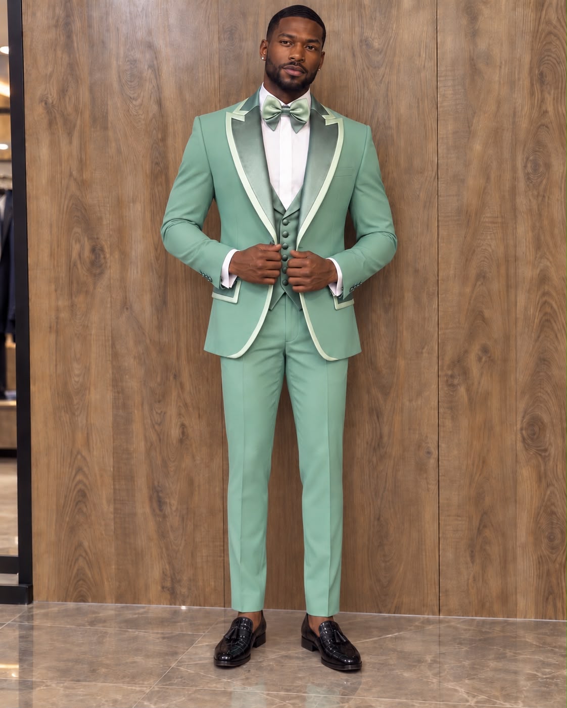 A man wearing a mint green three-piece tuxedo with satin peak lapels, white dress shirt, matching green bow tie, and green vest, standing in front of a wood-paneled wall.