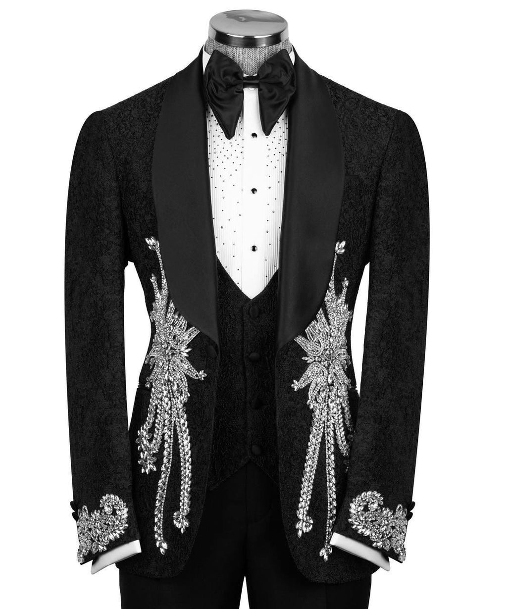 Black tuxedo with intricate silver embroidery on a white background