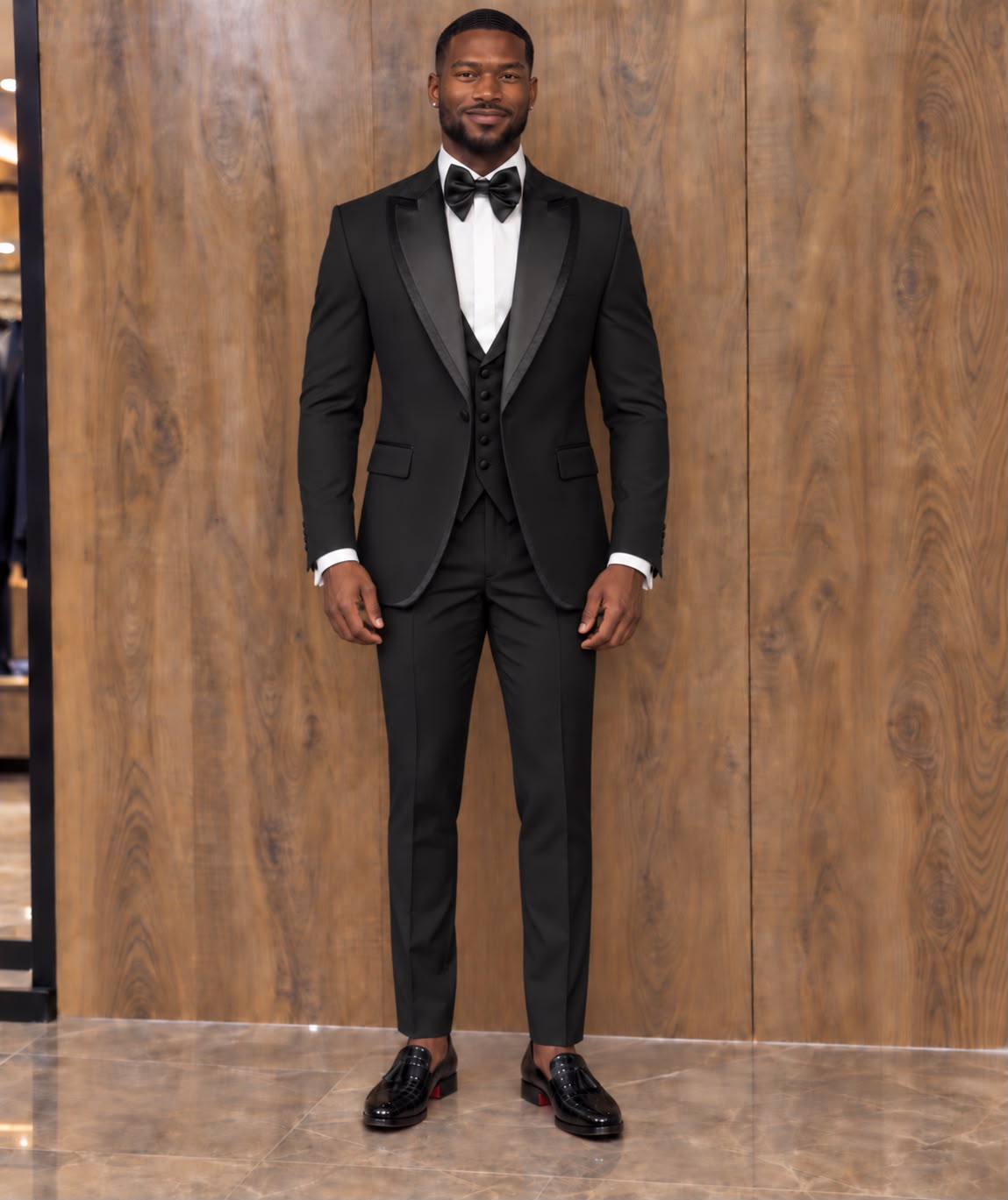 A man wearing a black three-piece tuxedo with satin lapels, a black vest, a white dress shirt, a black bow tie, and black dress shoes, standing in front of a wooden wall.