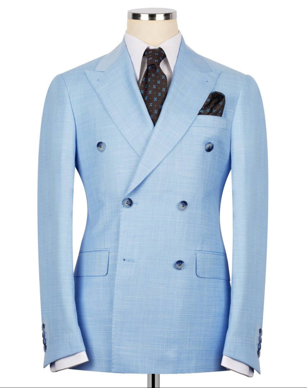 Light blue double-breasted suit jacket on a mannequin with a white background