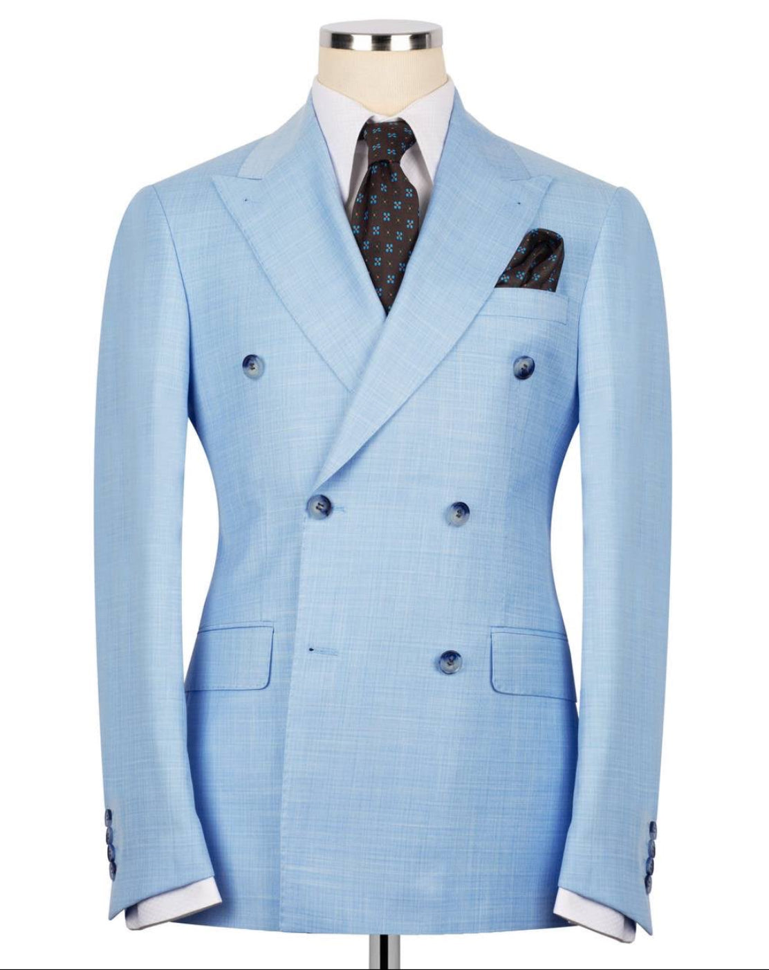 Light blue double-breasted suit jacket on a mannequin with a white background