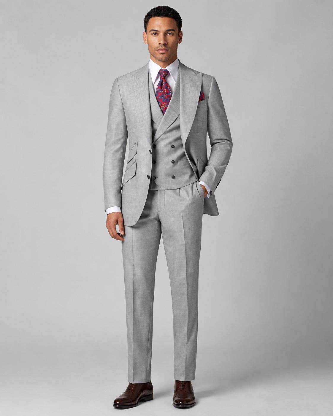 A man modeling a light gray three-piece suit with a matching vest and trousers, styled with a white dress shirt, a red and blue patterned tie, a matching pocket square, and brown dress shoes against a solid gray studio background.