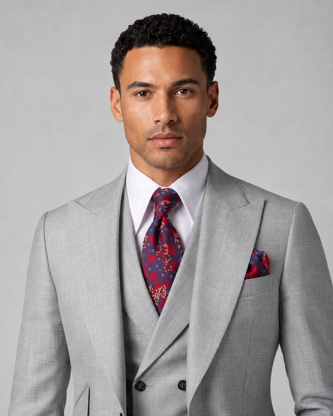 A man wearing a light gray three-piece suit with a white dress shirt, a red and blue patterned tie, and a matching pocket square, photographed against a neutral gray background.