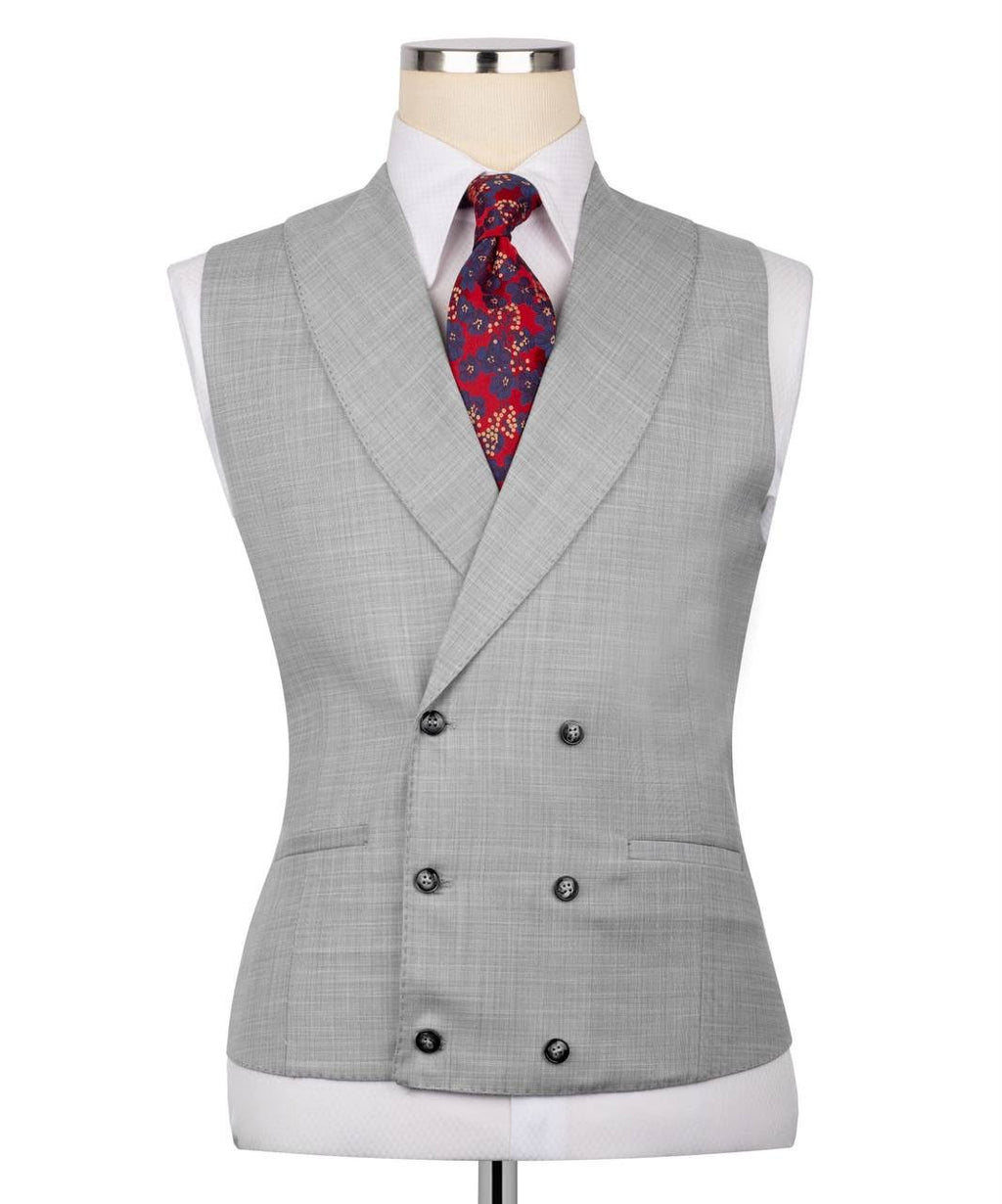 A light gray double-breasted vest displayed on a mannequin torso, styled with a white dress shirt and a red patterned tie against a plain white background.