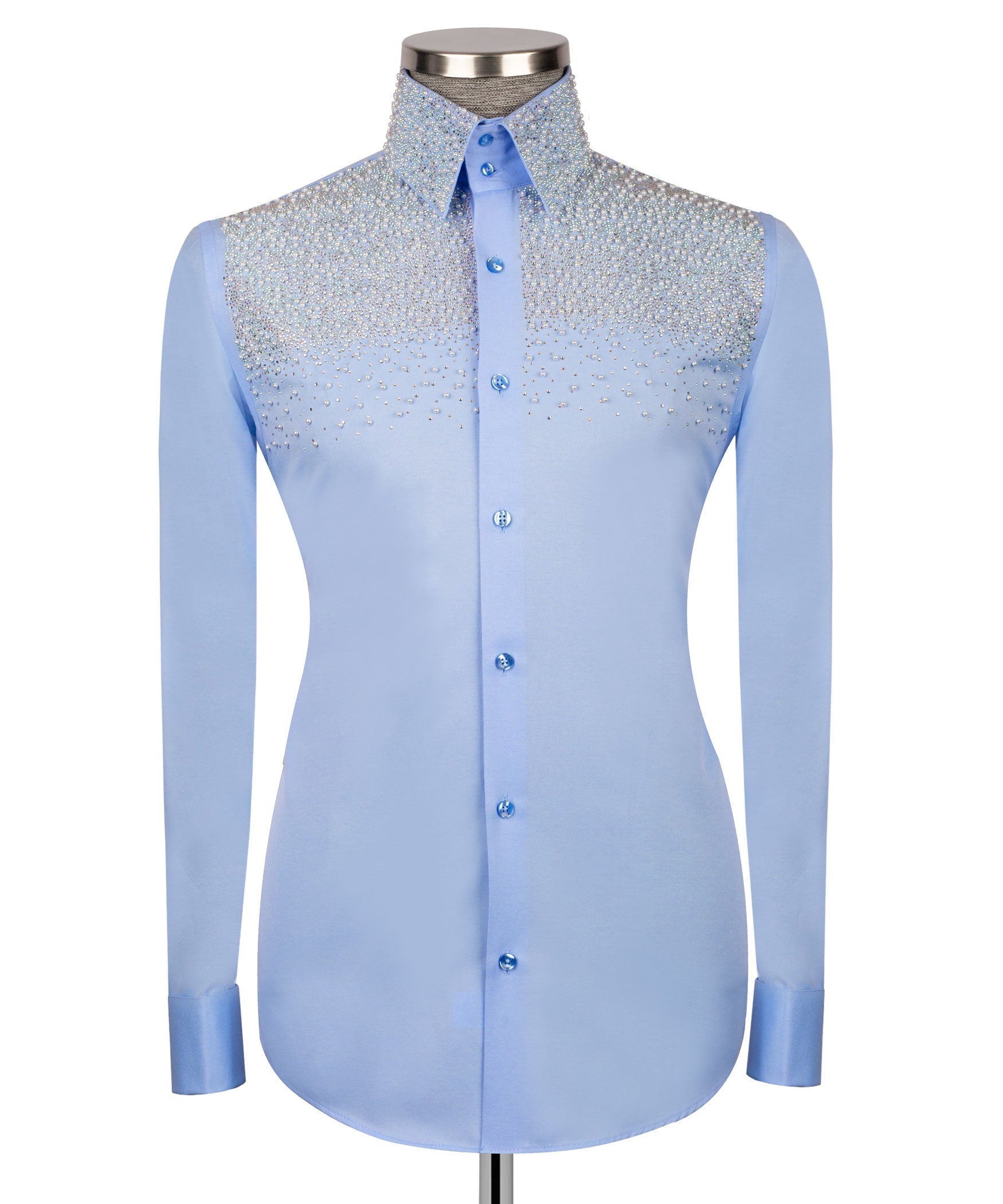 Light blue stone-embellished button-down shirt with blue collar and front buttons
