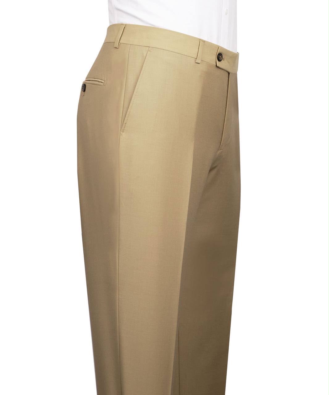 A close-up side view of a person wearing khaki trousers with a white shirt partially visible at the top, against a plain white background.