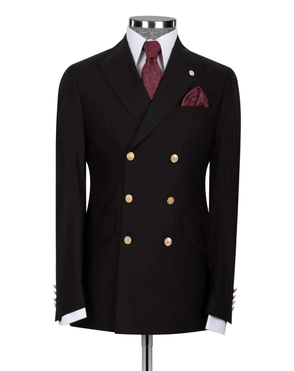 A black double-breasted suit jacket displayed on a mannequin, featuring gold buttons, a white dress shirt, a burgundy patterned tie, and a matching pocket square 