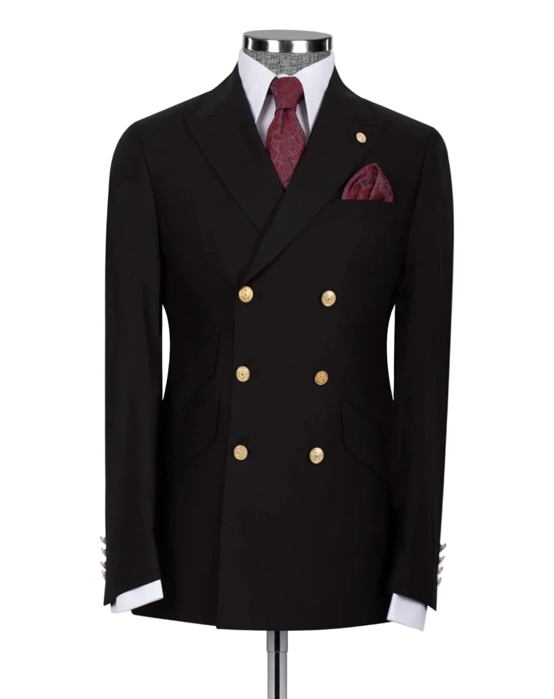 A black double-breasted suit jacket displayed on a mannequin, featuring gold buttons, a white dress shirt, a burgundy patterned tie, and a matching pocket square 