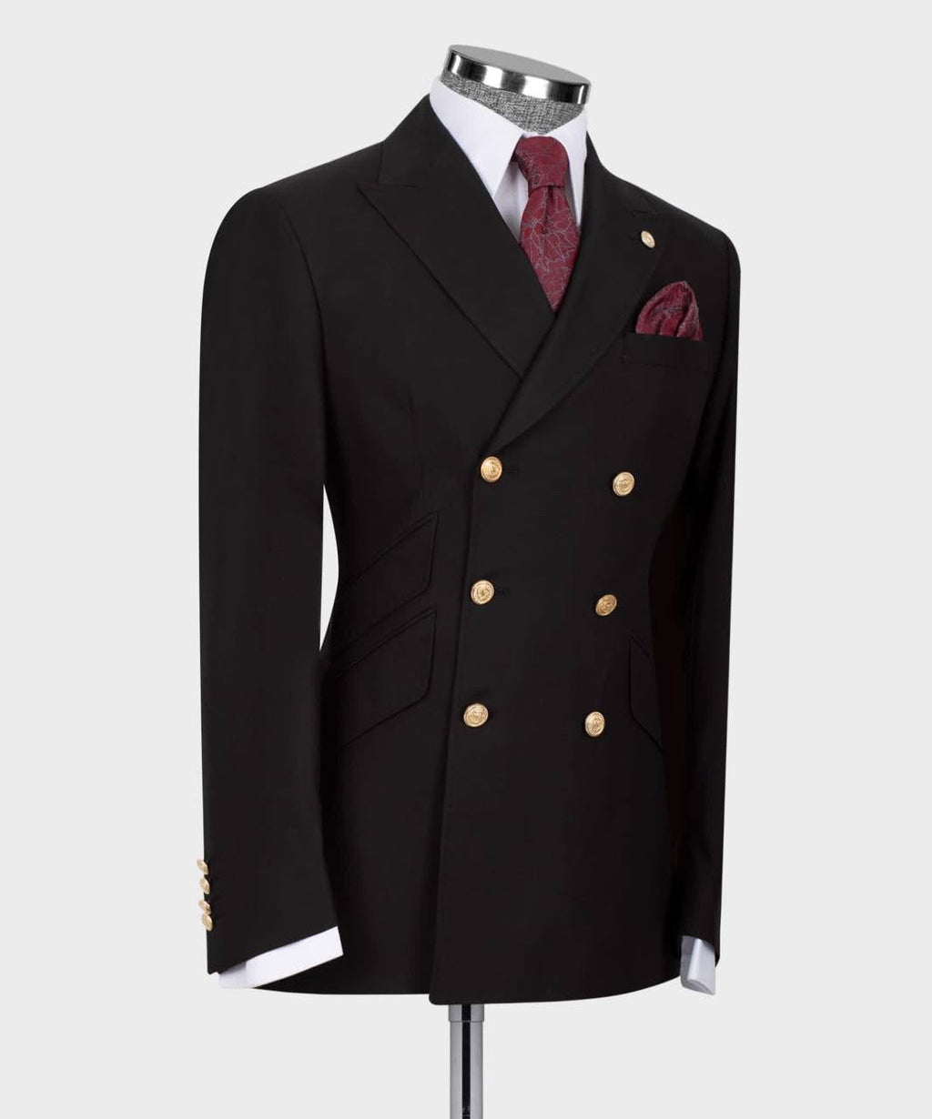 A black double-breasted suit jacket displayed on a mannequin torso, featuring gold buttons, a white dress shirt, a burgundy patterned tie, and a matching pocket square