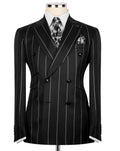 Black pinstripe suit on a mannequin with a white background