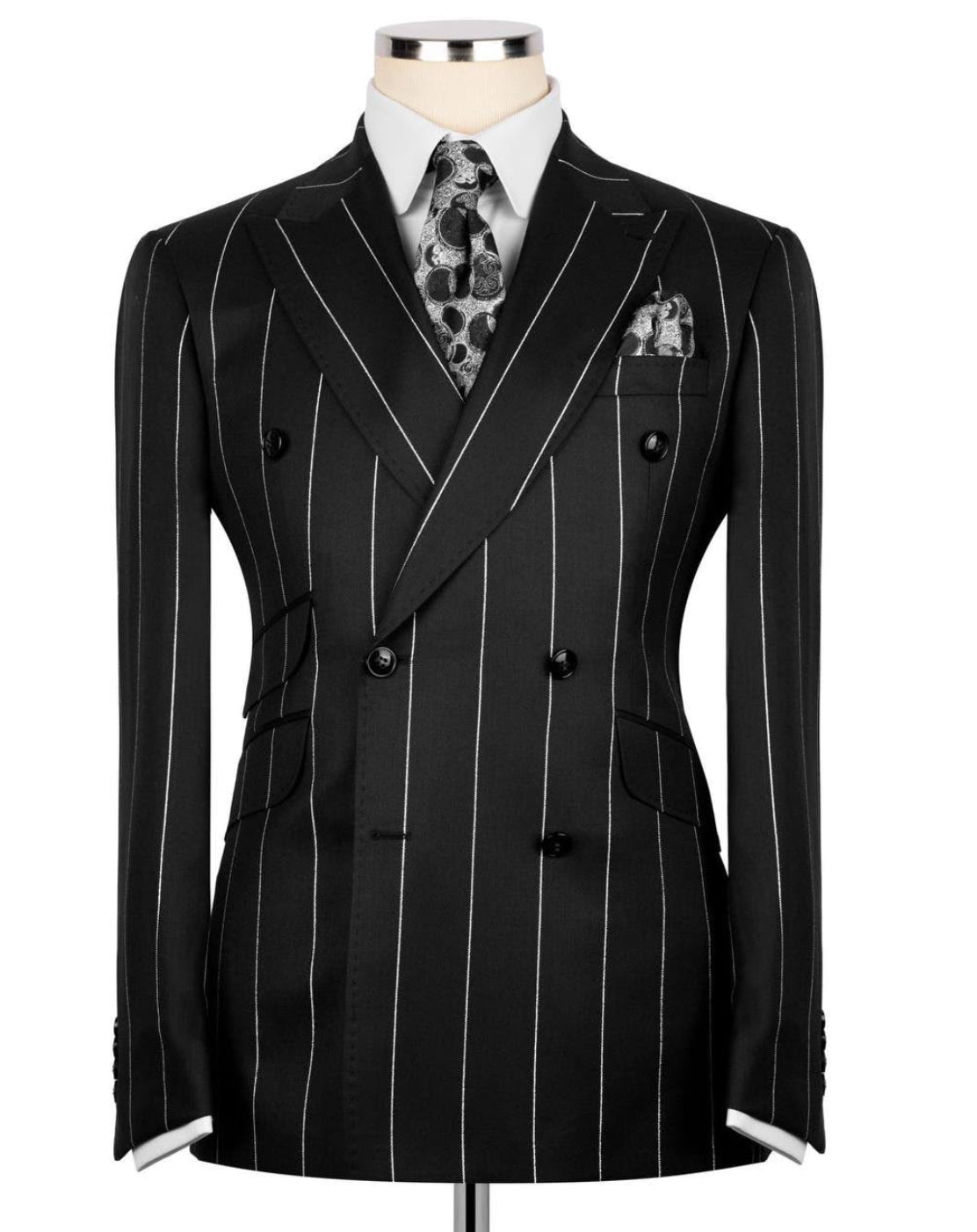 Black pinstripe suit on a mannequin with a white background