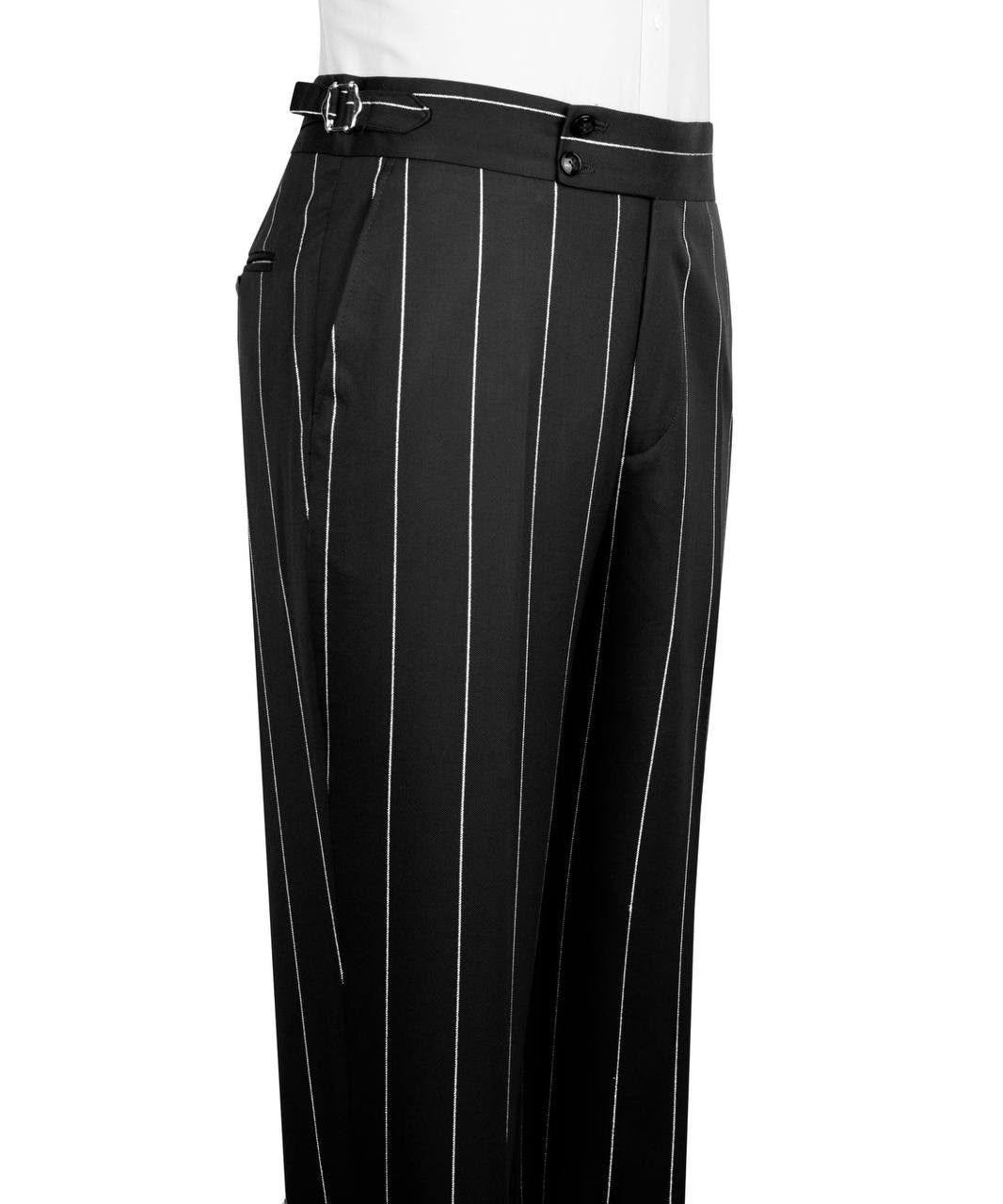 Black pinstripe pants with a white shirt on a white background