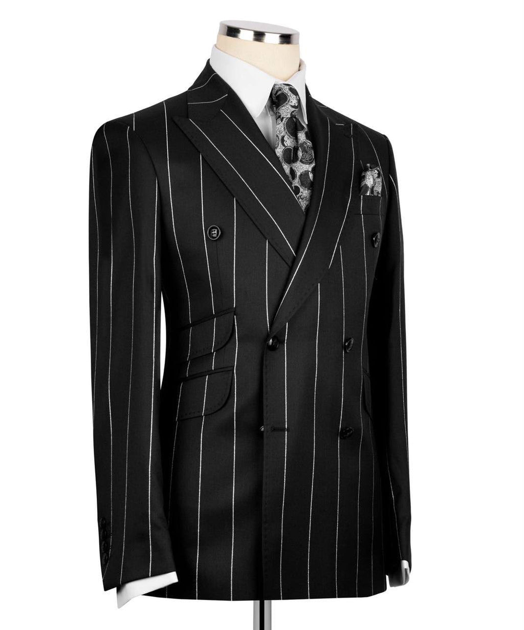 Black pinstripe suit on a mannequin with a white background