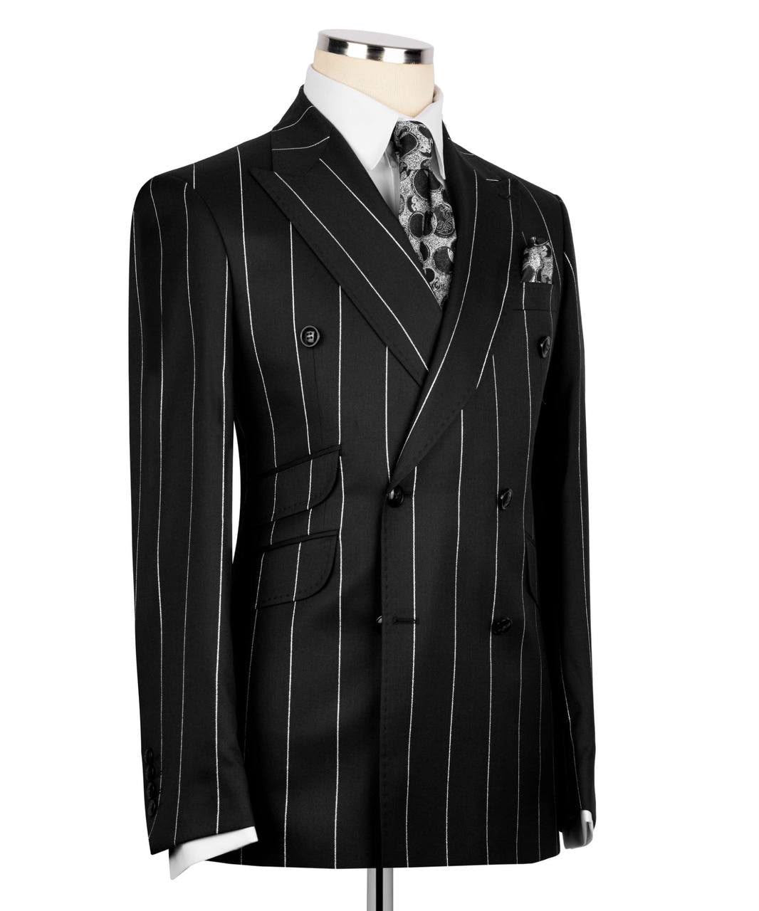Black pinstripe suit on a mannequin with a white background