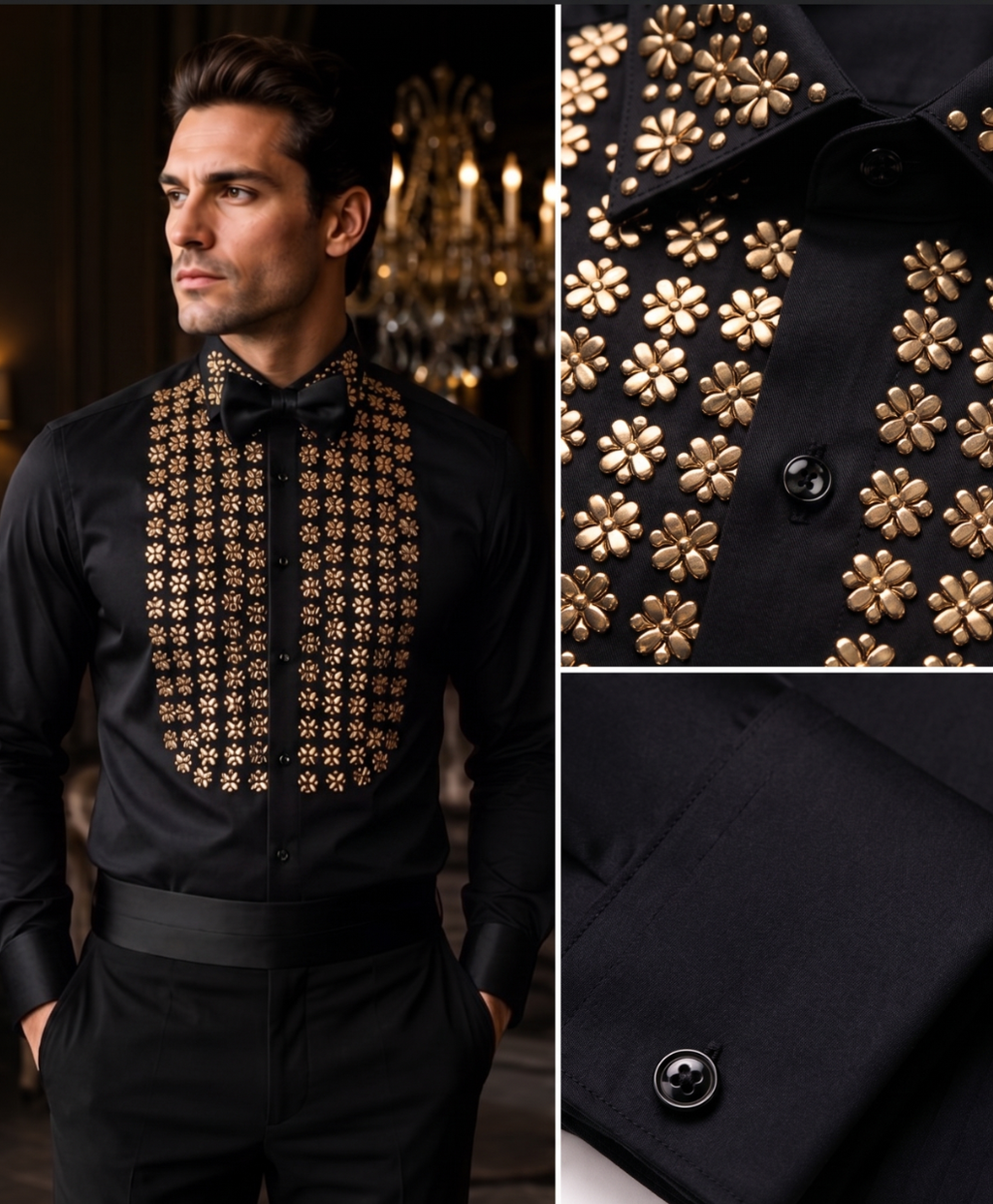 Man wearing a black shirt with gold floral patterns, standing in a dimly lit room.