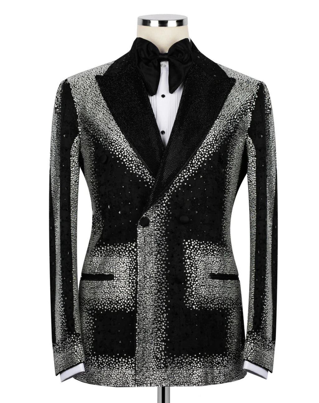 Black tuxedo jacket with silver sequin details on a mannequin against a white background