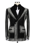 Black tuxedo jacket with silver sequin details on a mannequin against a white background