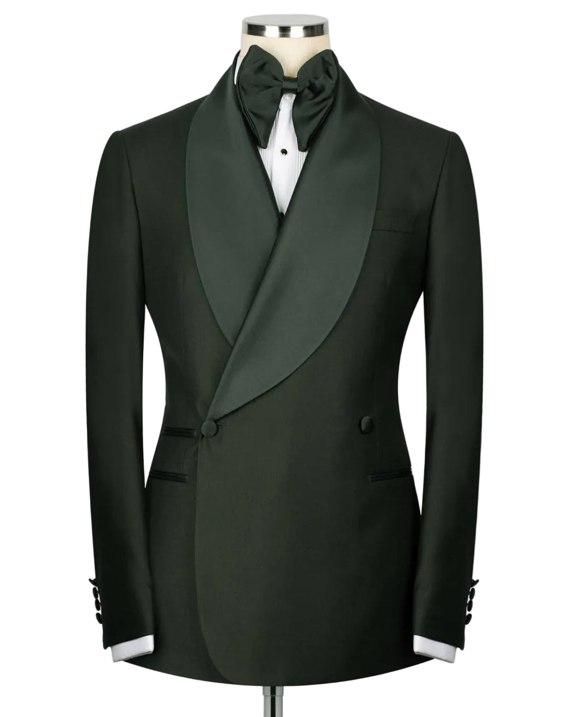A dark forest green shawl-lapel tuxedo jacket displayed on a mannequin with a matching green bow tie
