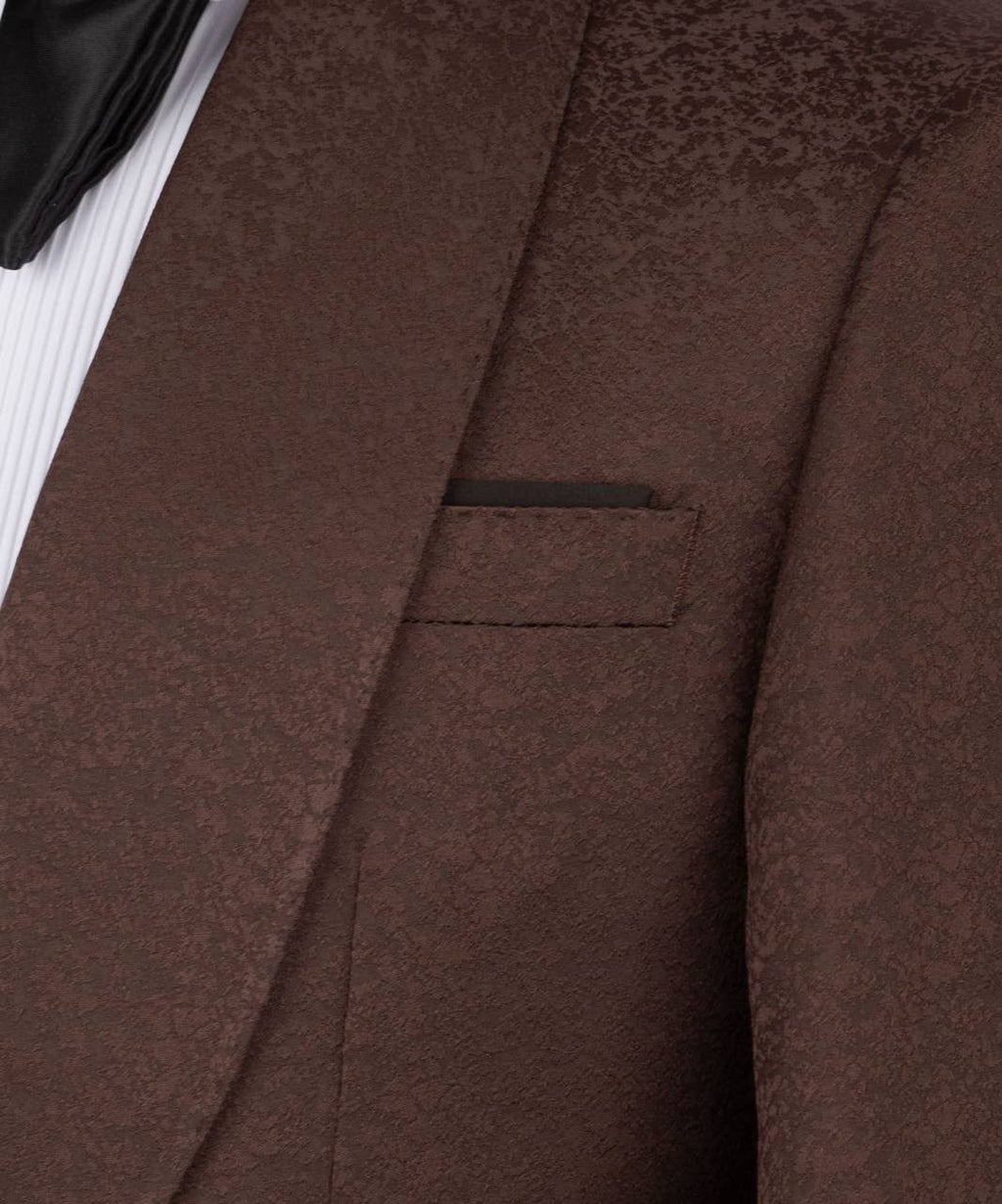 Close-up of a brown textured tuxedo jacket lapel with a matching pocket square