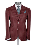 Maroon pinstripe suit on a mannequin with a white background