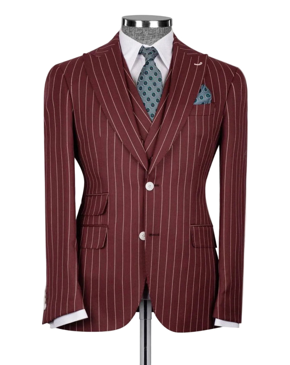 Maroon pinstripe suit on a mannequin with a white background
