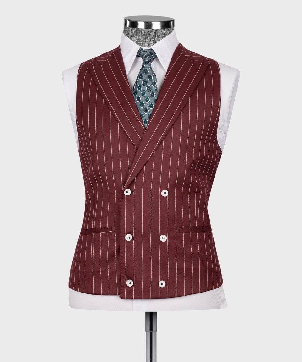 Maroon pinstripe vest on a mannequin with a white shirt and patterned tie against a white background