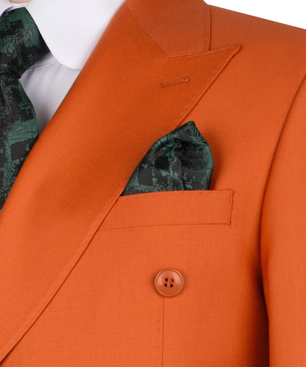 Orange suit jacket with a button and pocket square on a white background