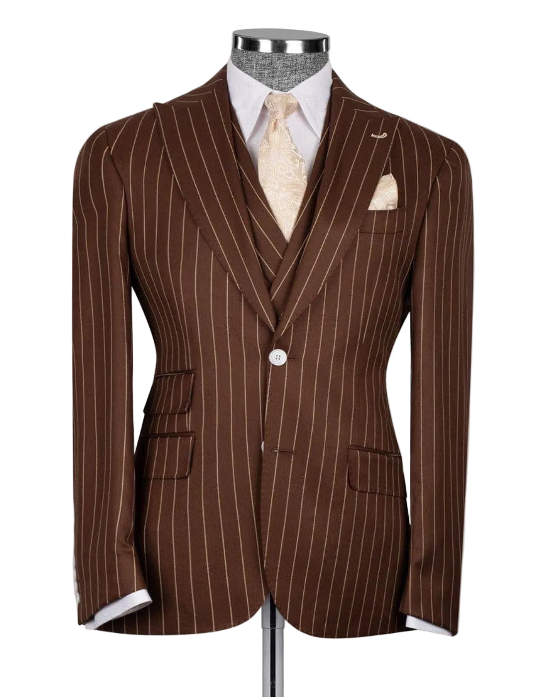 A brown pinstripe suit jacket displayed on a mannequin torso, styled with a white dress shirt, a light beige patterned tie, and a matching pocket square against a light gray background.