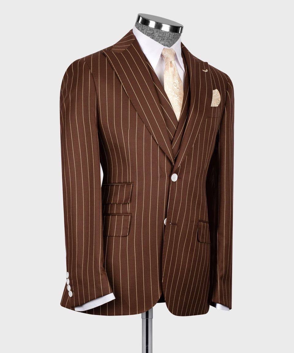 Brown pinstripe suit on a mannequin against a white background