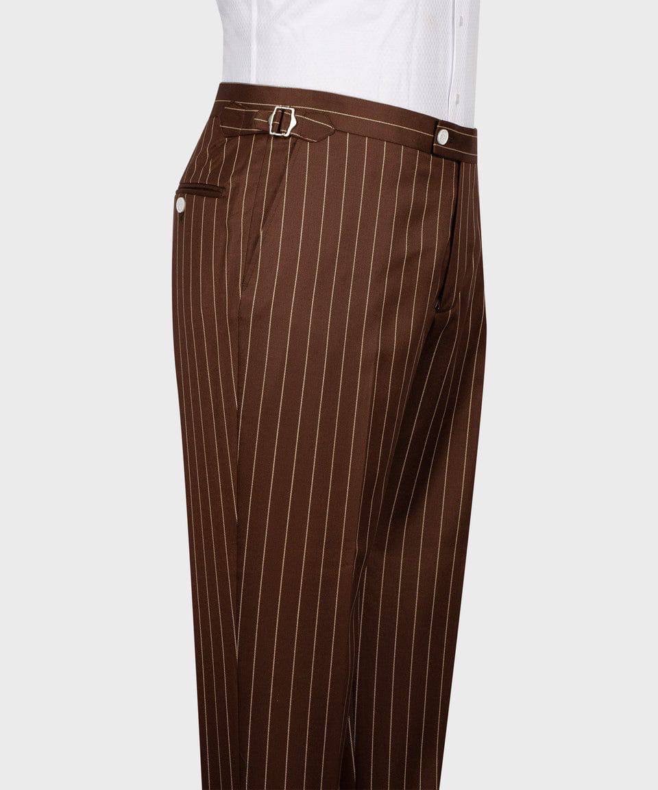 Brown pinstripe pants with a belt on a white background
