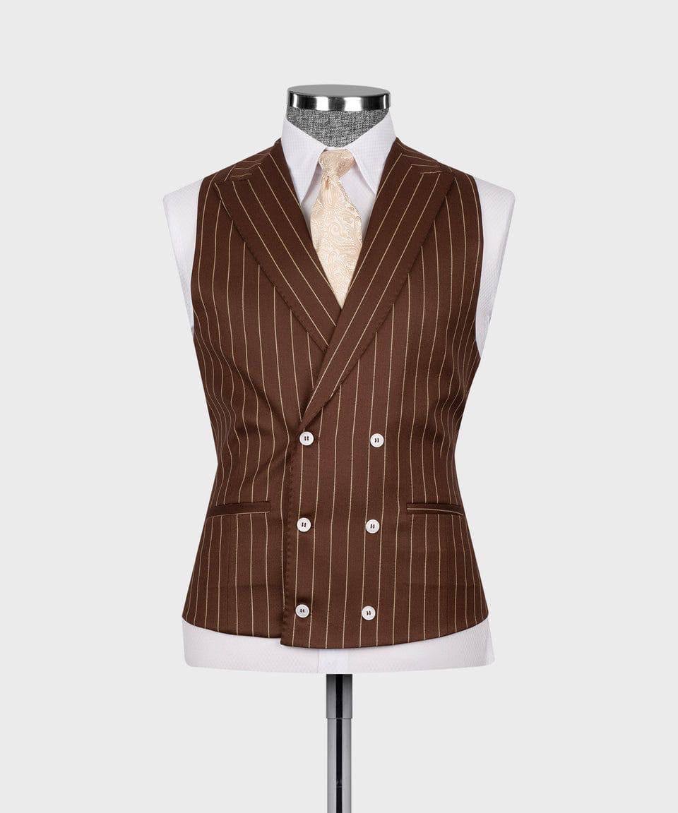 Brown pinstripe vest on a mannequin with a white shirt and tie against a white background