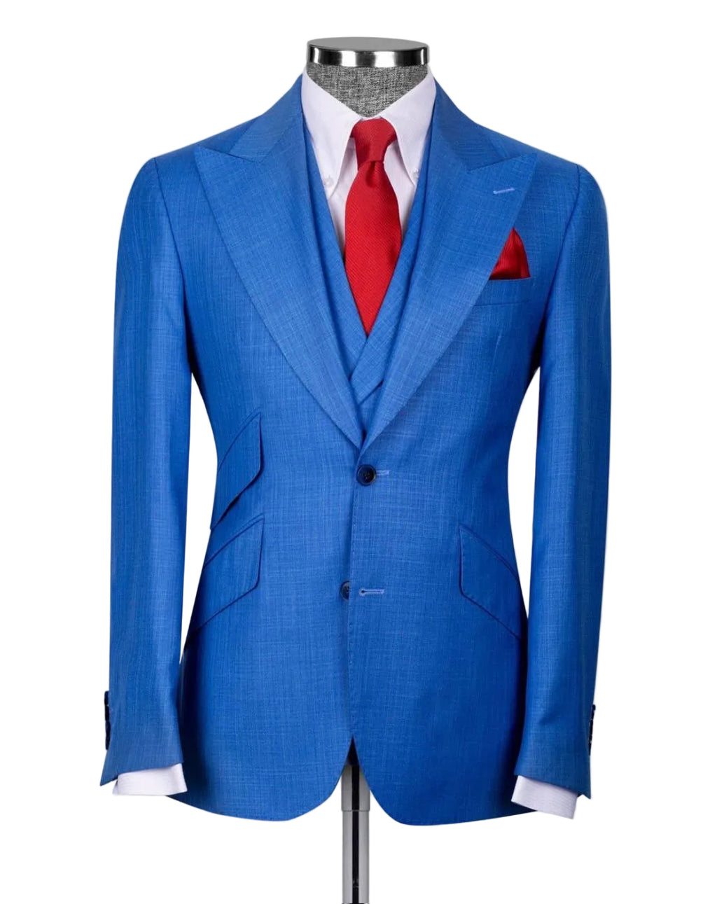 A men's blue textured two-piece suit displayed on a mannequin, styled with a white dress shirt, a red tie, and a matching red pocket square against a light gray background.
