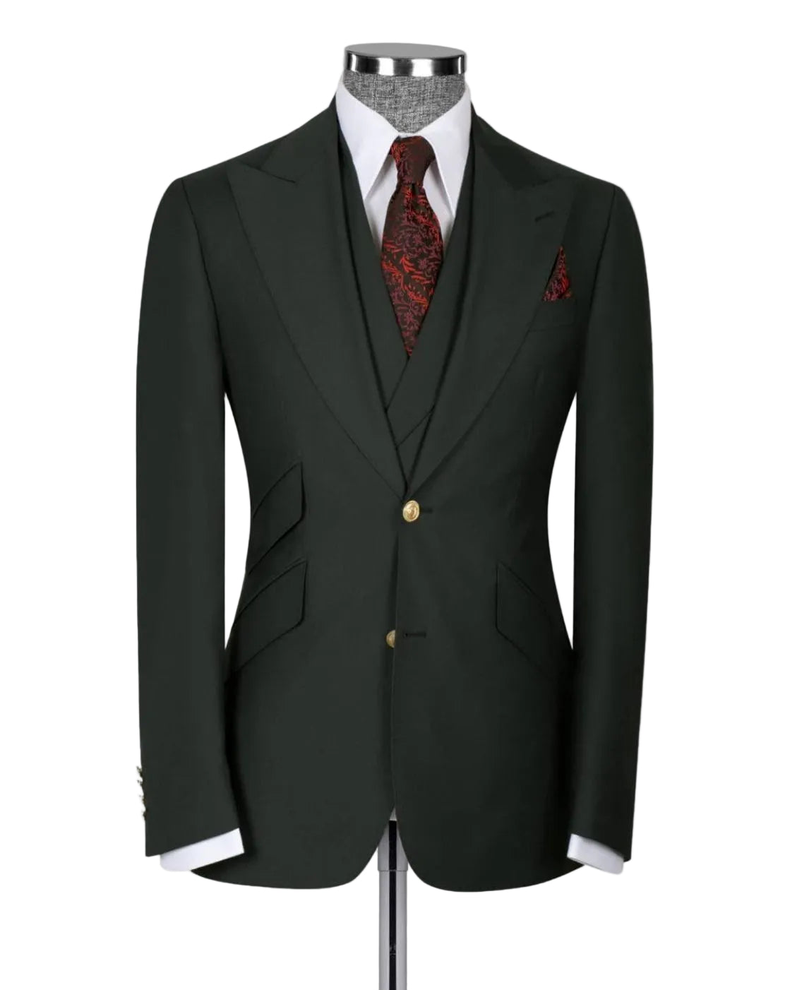 A dark forest green two-piece suit jacket and matching vest displayed on a mannequin, styled with a white dress shirt, a red patterned tie, and a matching pocket square