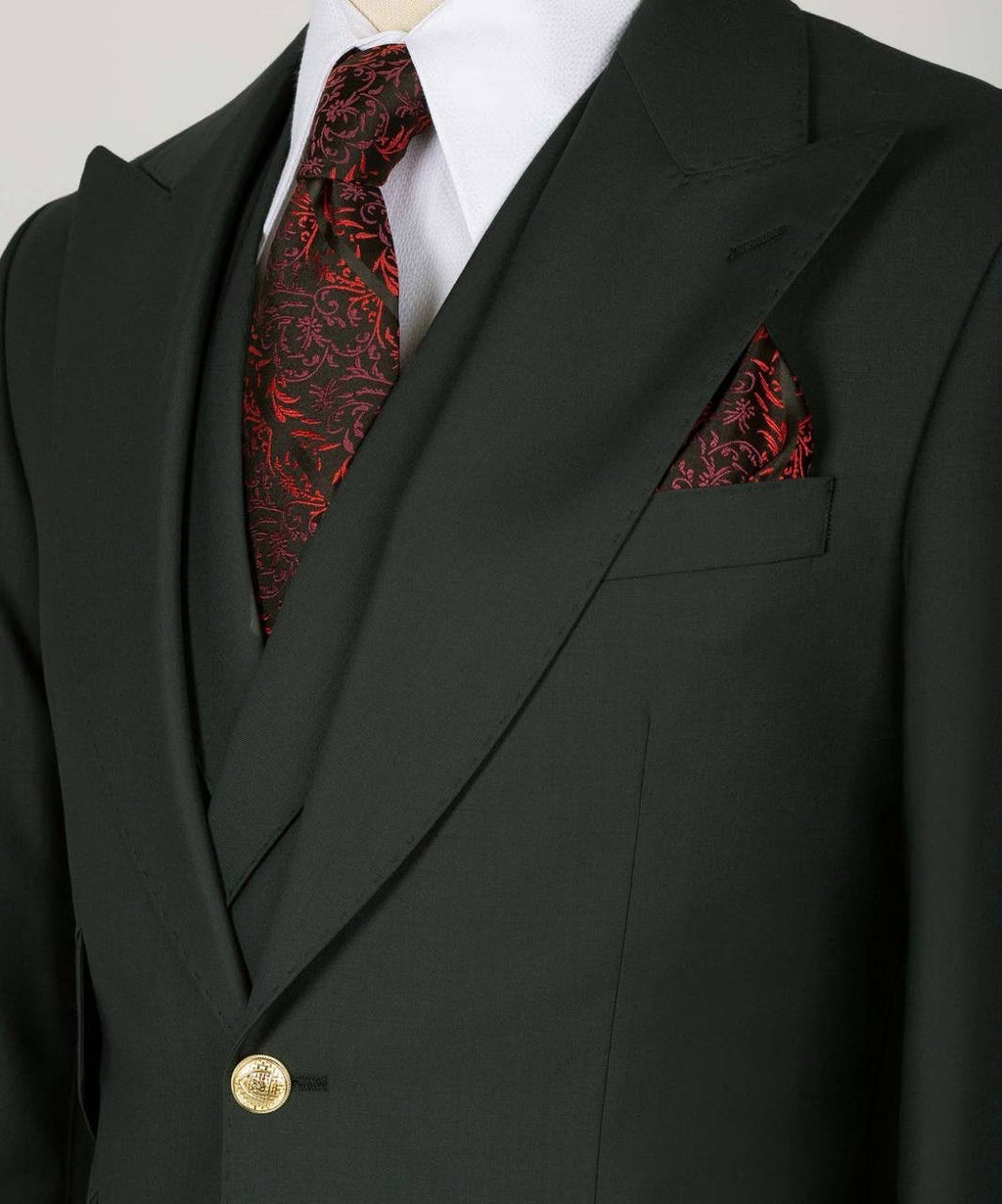 Black suit with red patterned tie and pocket square