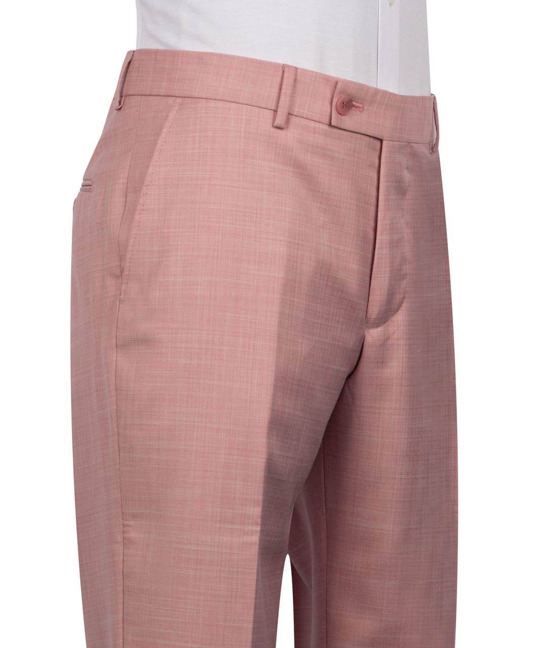 A close-up of a pair of men's trousers in a dusty rose pink color with a subtle fine check pattern, shown on a white shirt-waist mannequin against a white background.