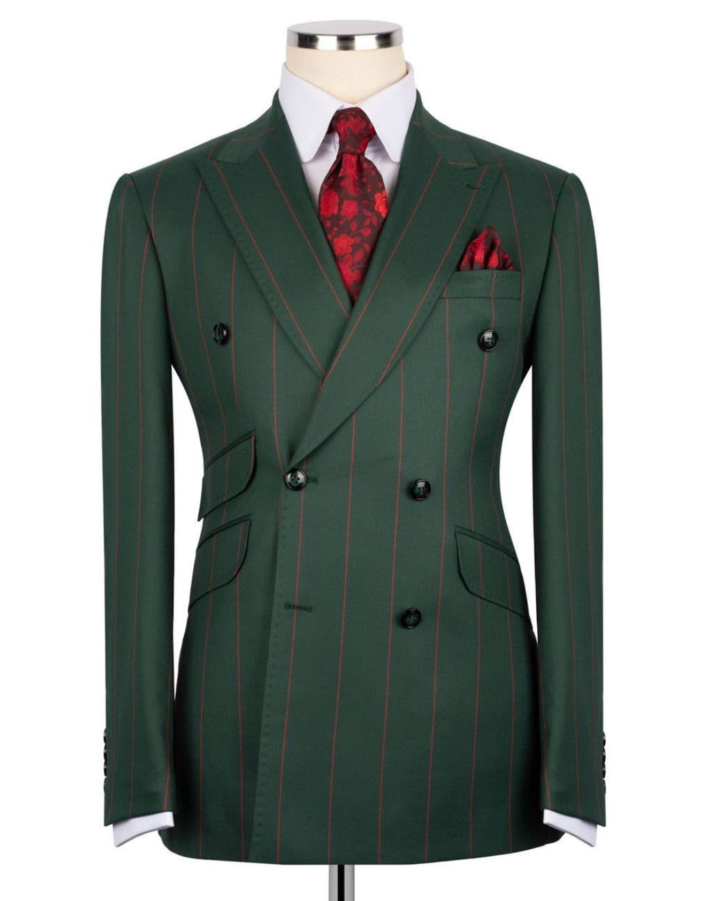Men's Forest Green Pinstripe Double-Breasted Suit