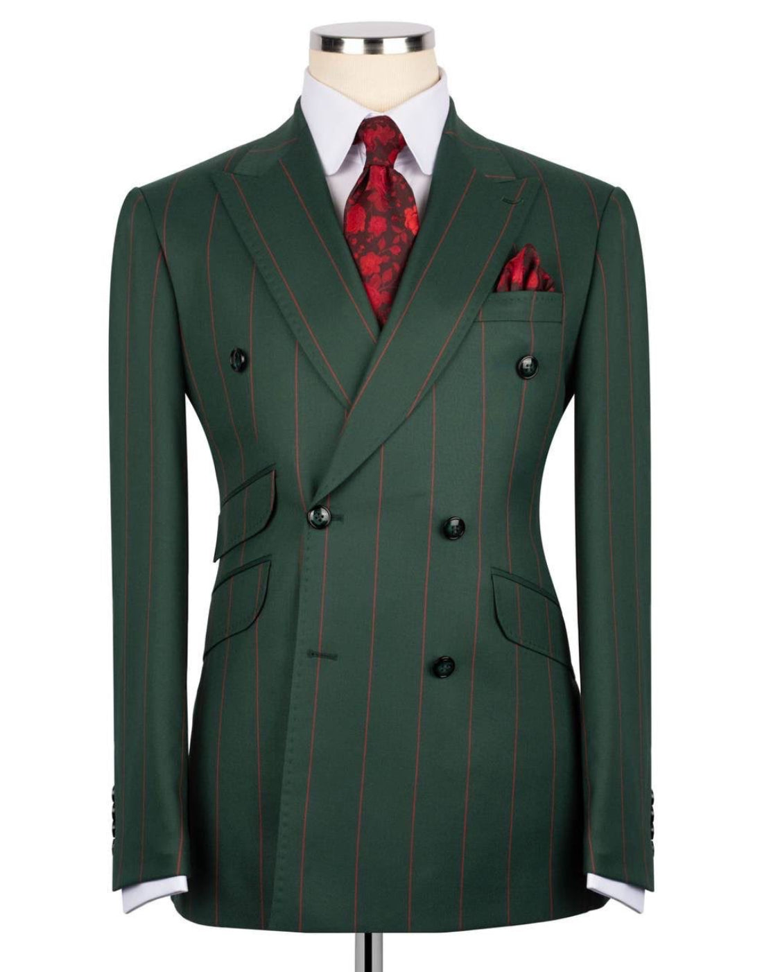 Men's Forest Green Pinstripe Double-Breasted Suit