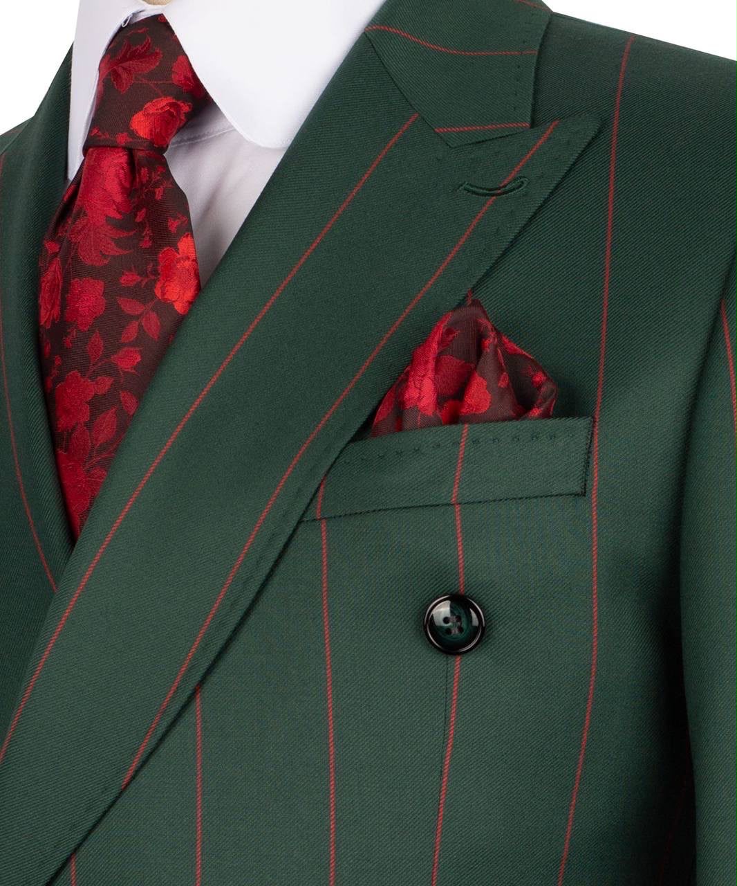 Green suit with red pinstripes, red floral tie, and matching pocket square on a white background