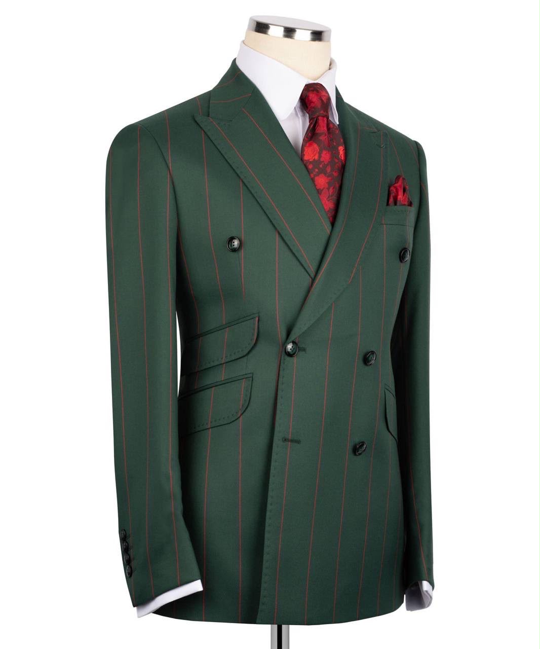 Men's Forest Green Pinstripe Double-Breasted Suit