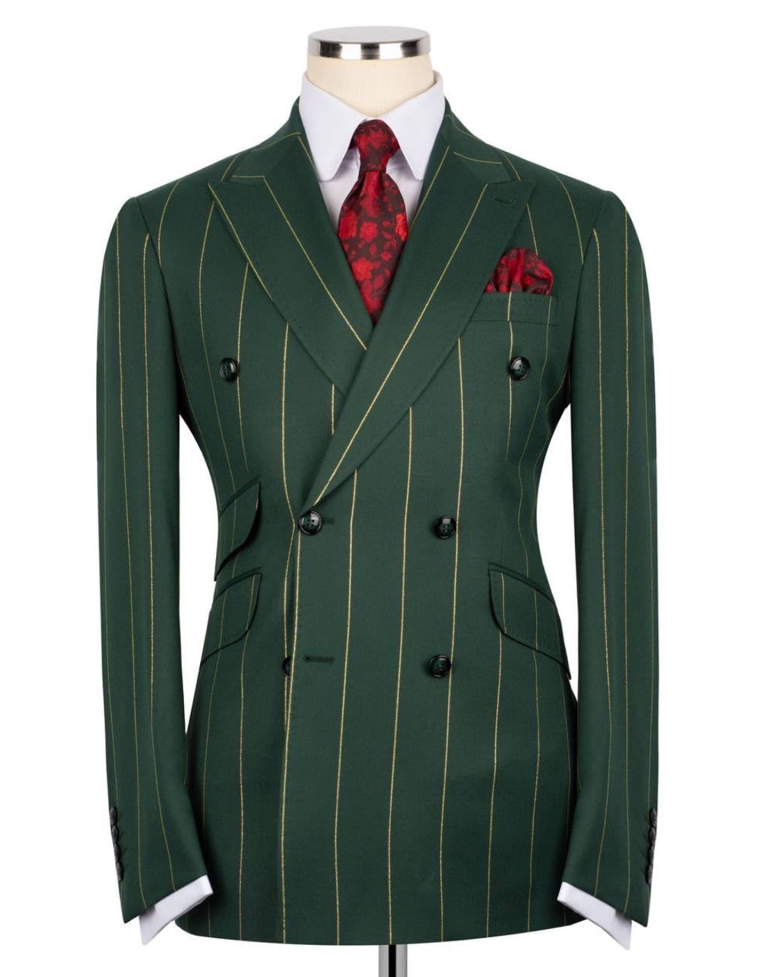 Green pinstripe suit with red tie and pocket square on a mannequin against a white background