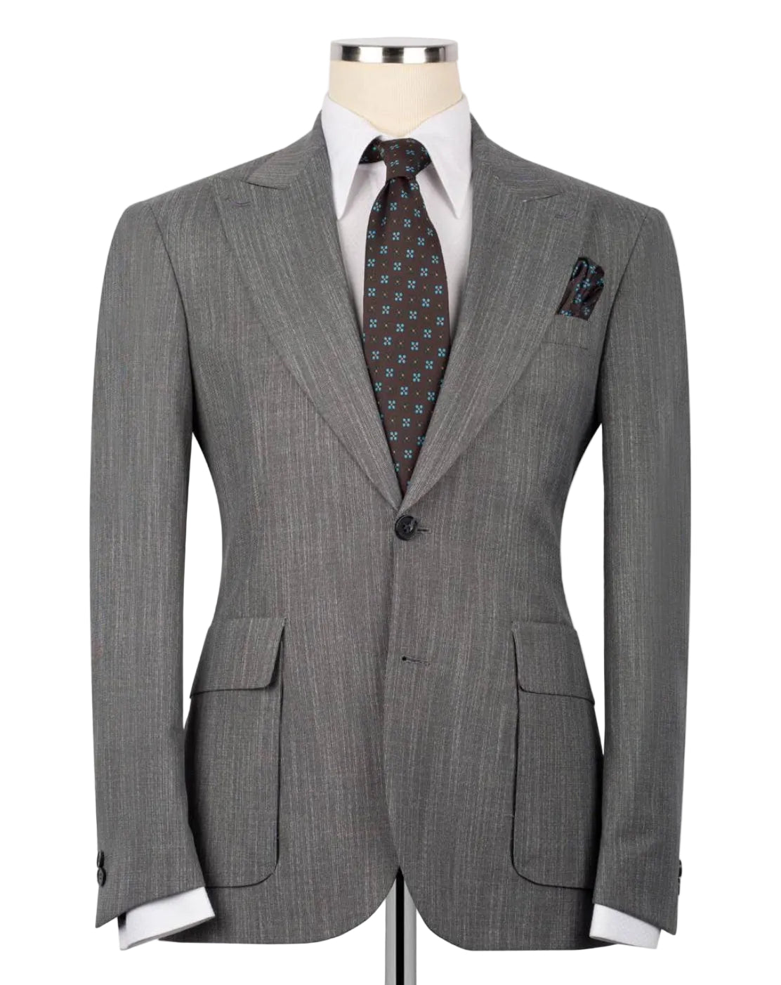 A gray pinstripe suit jacket displayed on a mannequin torso, styled with a white dress shirt, a patterned blue and brown tie, and a matching pocket square against a plain white background.