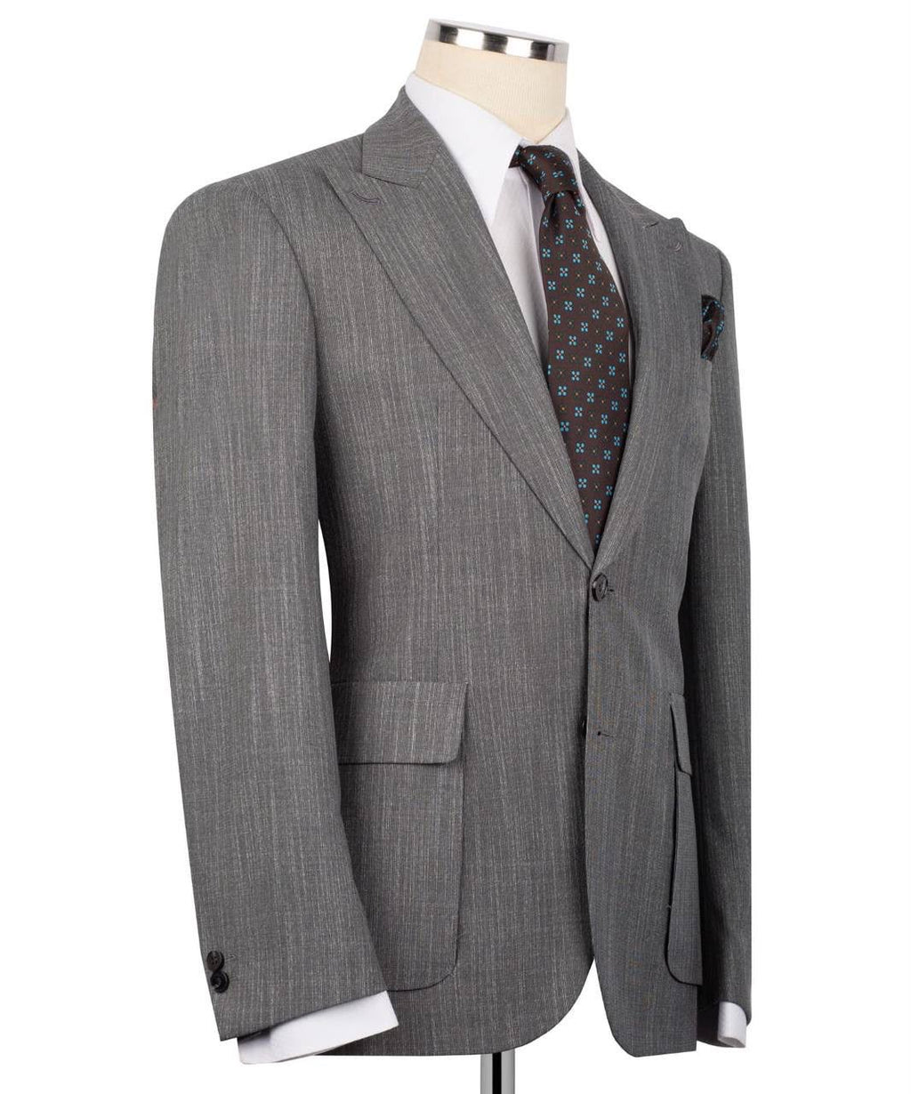 A men's gray pinstripe suit jacket displayed on a mannequin torso, styled with a white dress shirt and a patterned brown tie.