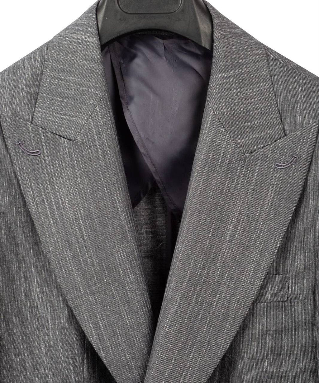 A close-up of a gray pinstripe suit jacket with a dark charcoal gray satin lapel insert, shown on a black hanger against a white background.