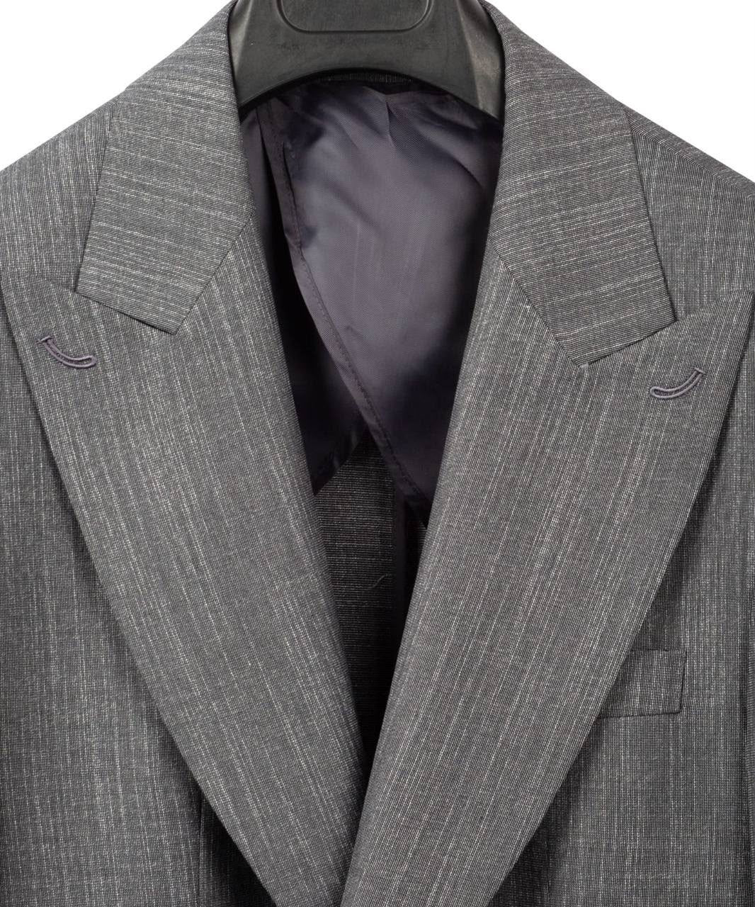 A close-up of a gray pinstripe suit jacket with a dark charcoal gray satin lapel insert, shown on a black hanger against a white background.