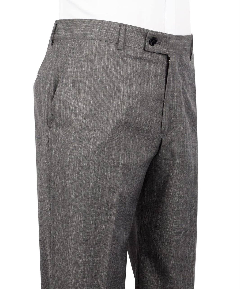 Close-up of a pair of gray textured trousers on a white mannequin torso, showing the waistband, button closure, front fly, and side pocket.
