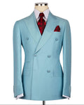 A light blue double-breasted suit jacket displayed on a mannequin torso, styled with a white dress shirt, a red patterned tie, and a matching red pocket square against a plain white background.
