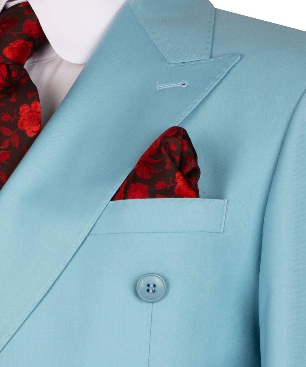 Light blue suit jacket with a red floral pocket square and tie.