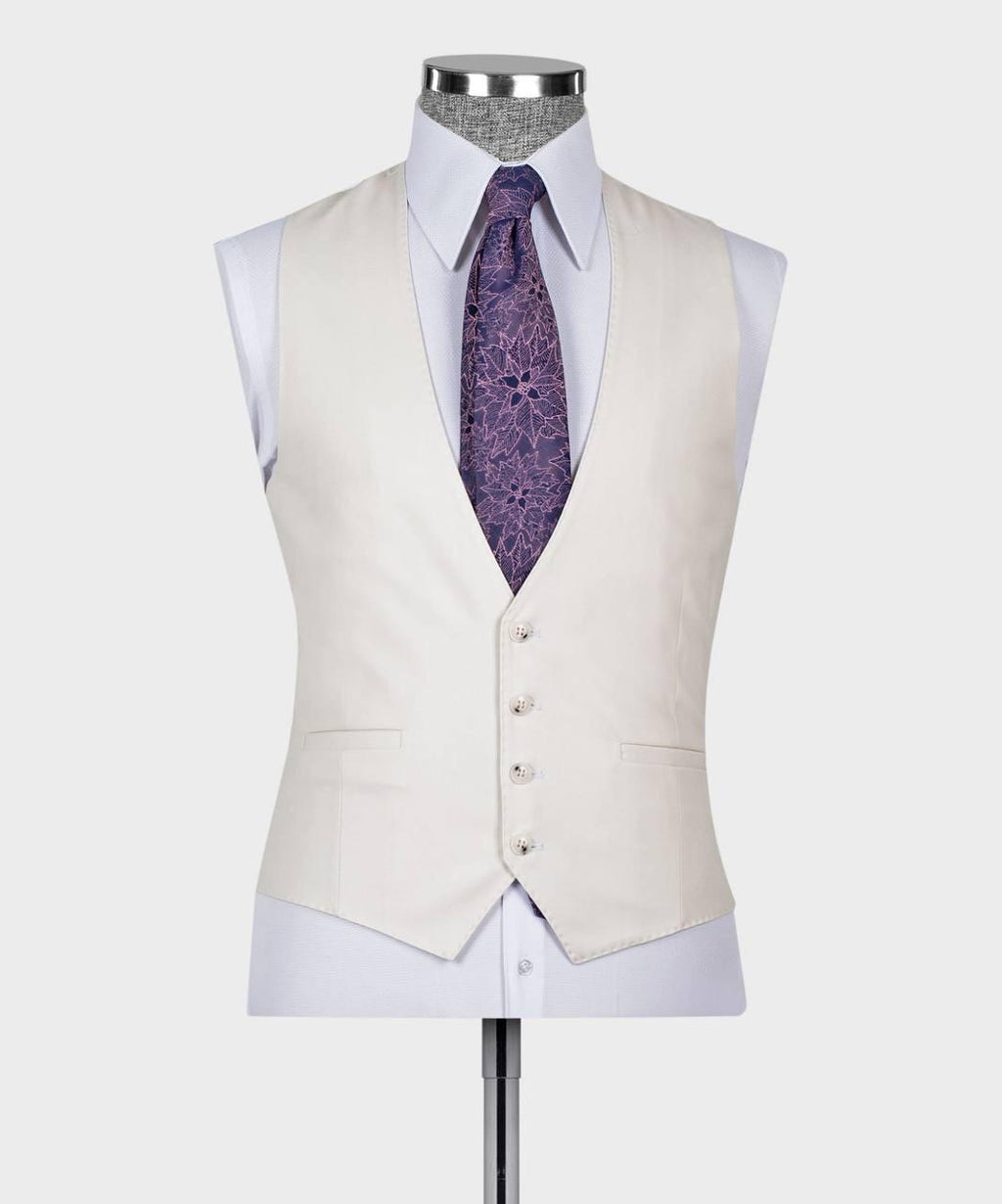 An off-white tailored waistcoat displayed on a mannequin torso, styled with a white dress shirt and a purple patterned necktie against a light gray background.